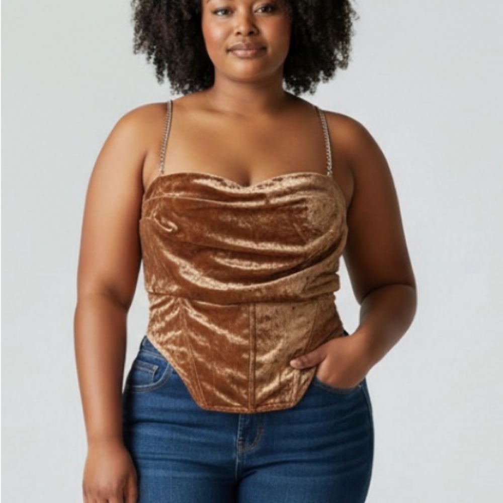 NWT Fashion Nova XL Crushed Velvet Corset Top Cowl Neck Rhinestone Straps Boning